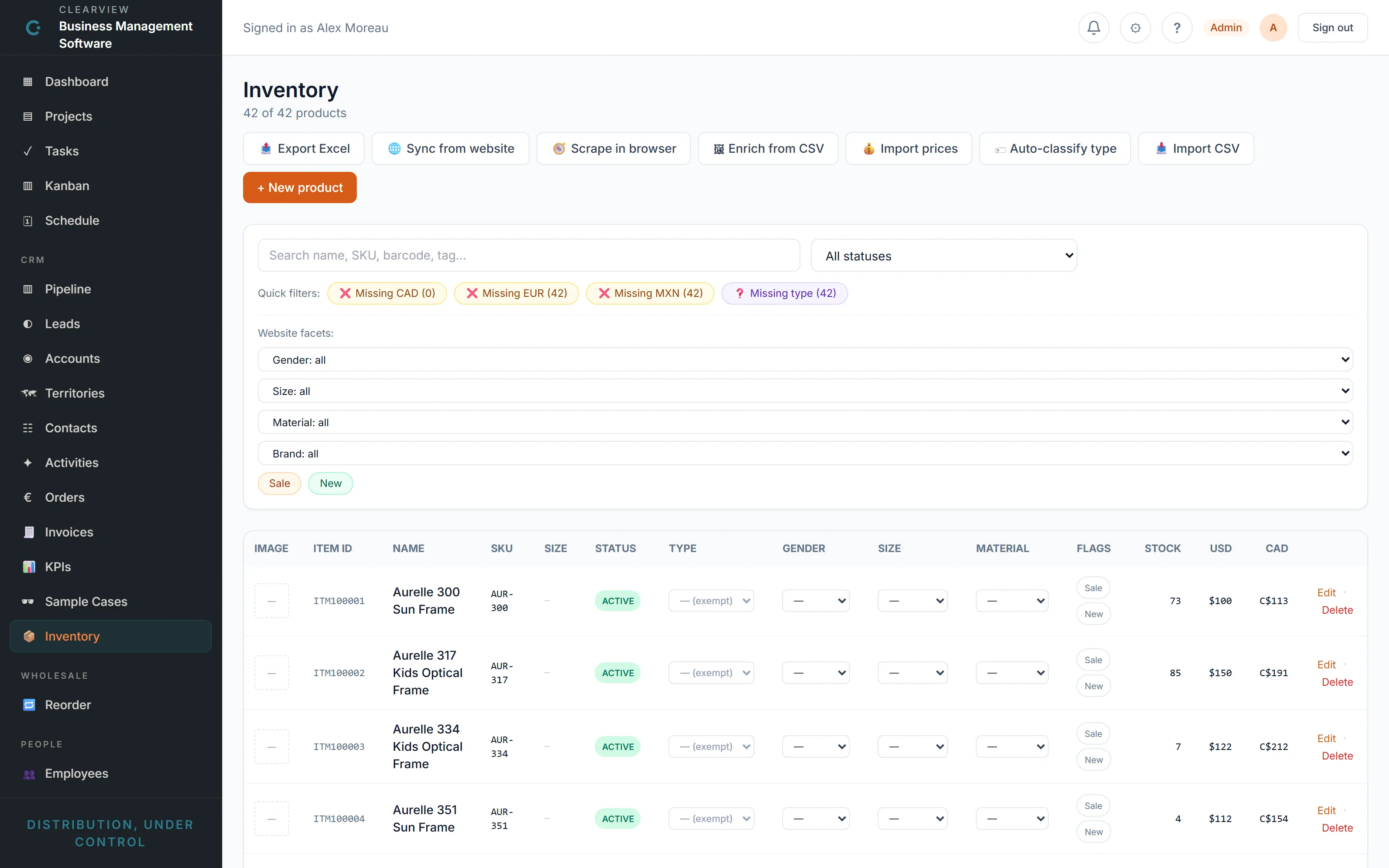 Inventory list showing product catalogue with stock levels and prices in two currencies