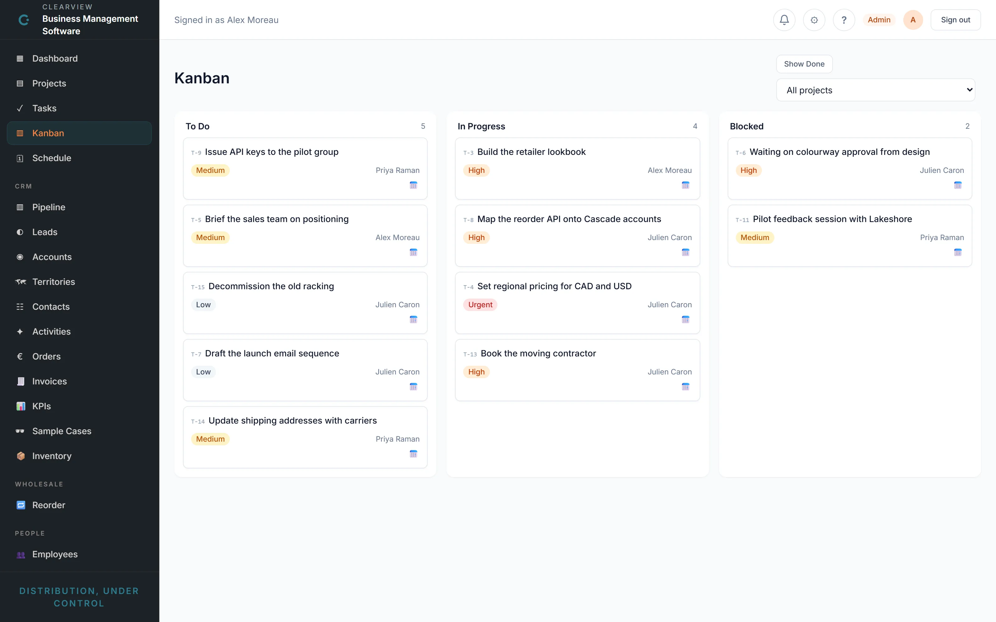 Kanban board with tasks in to do, in progress and blocked columns